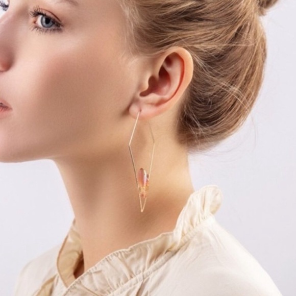 New FP Golden Wire Threader Geode Stone Geometric Hoop Earrings - Picture 2 of 16